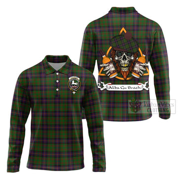 Cochrane Tartan Long Sleeve Polo Shirt with Family Crest and Bearded Skull Holding Bottles of Whiskey