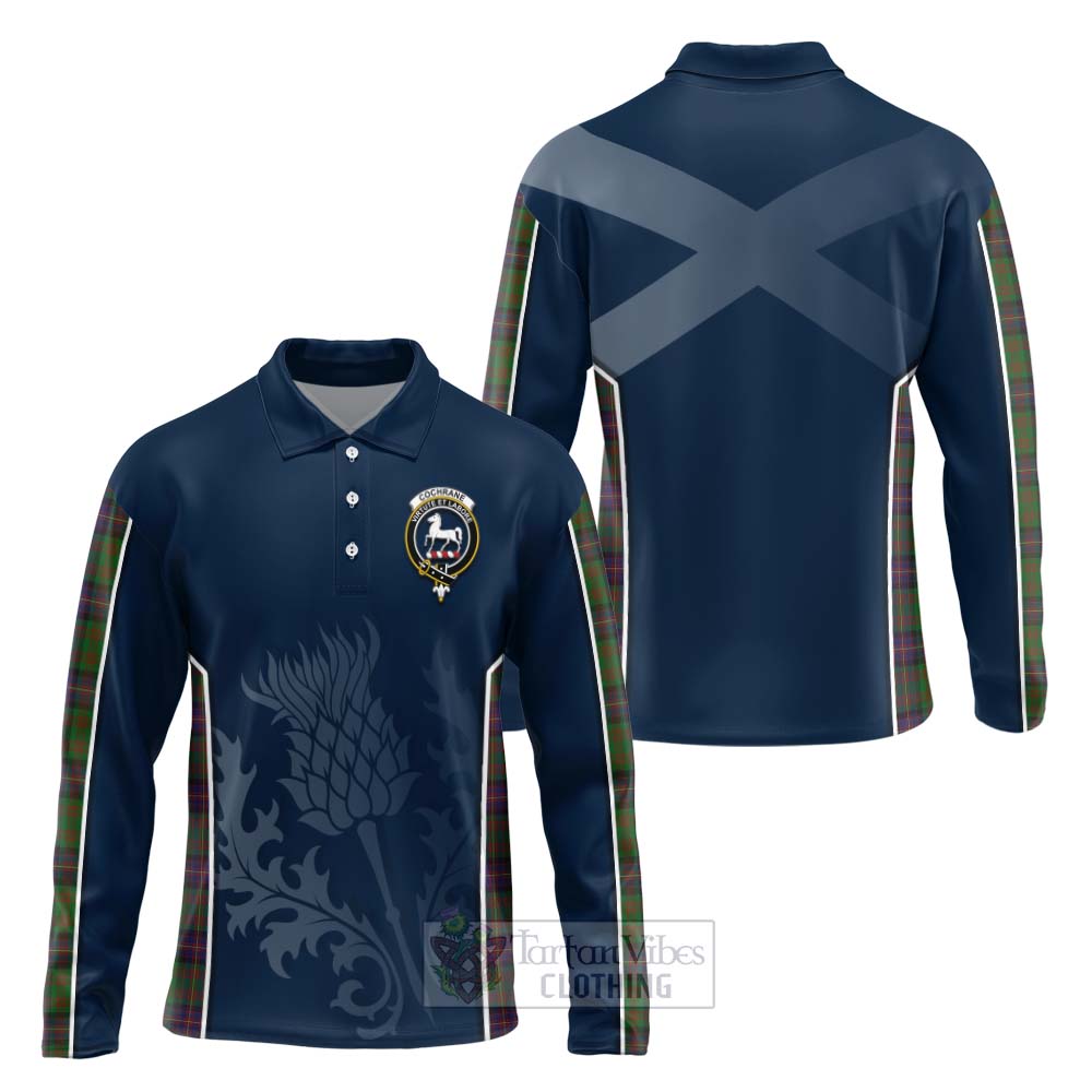 Tartan Vibes Clothing Cochrane Tartan Long Sleeve Polo Shirt with Family Crest and Scottish Thistle Vibes Sport Style