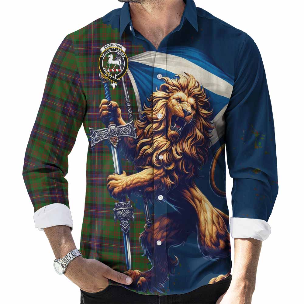 Tartan Vibes Clothing Cochrane Tartan Family Crest Long Sleeve Button Shirt with Scottish Majestic Lion