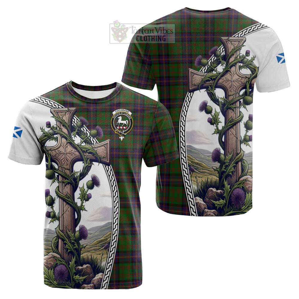 Tartan Vibes Clothing Cochrane Tartan Cotton T-shirt with Family Crest and St. Andrew's Cross Accented by Thistle Vines