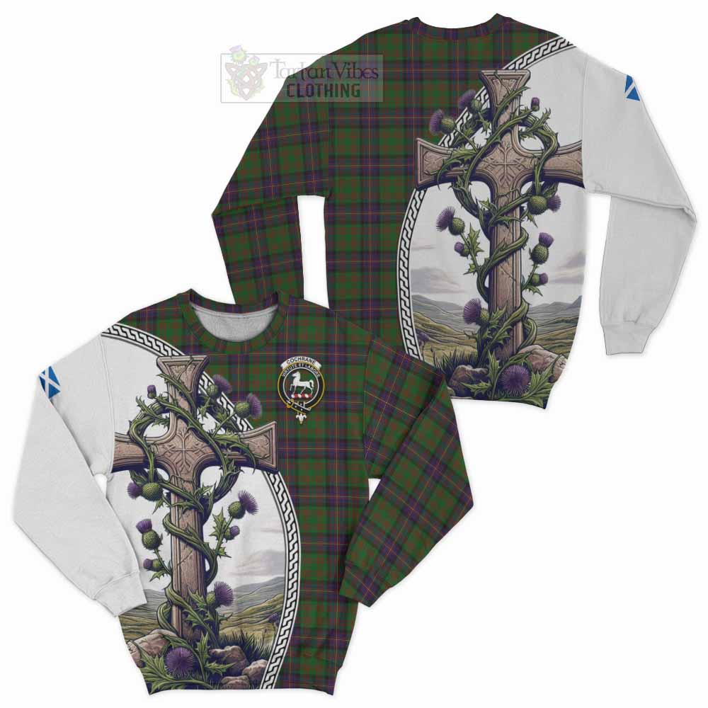 Tartan Vibes Clothing Cochrane Tartan Sweatshirt with Family Crest and St. Andrew's Cross Accented by Thistle Vines