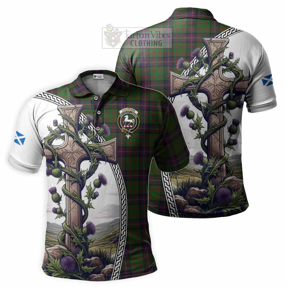 Tartan Vibes Clothing Cochrane Tartan Polo Shirt with Family Crest and St. Andrew's Cross Accented by Thistle Vines