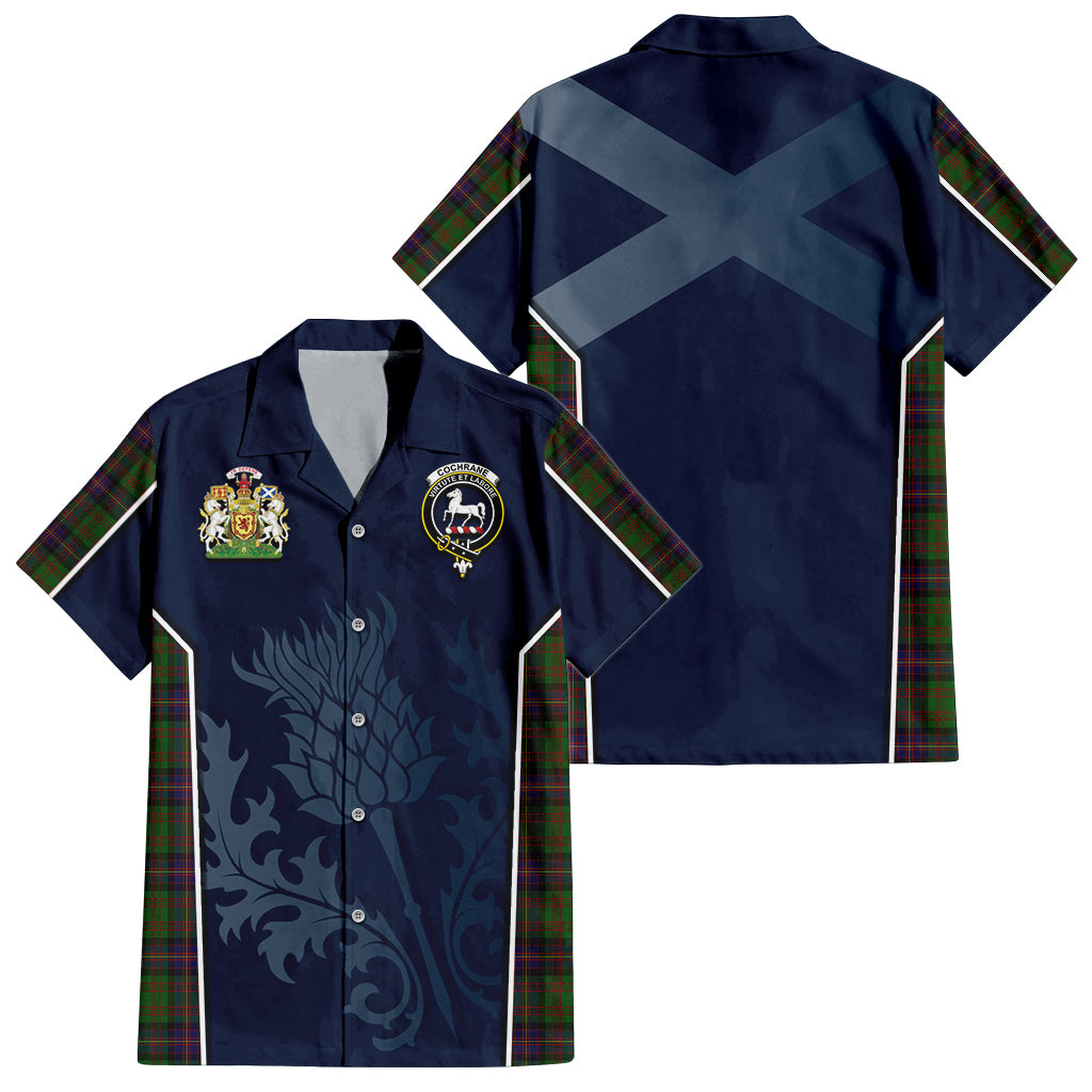 Tartan Vibes Clothing Cochrane Tartan Short Sleeve Button Up Shirt with Family Crest and Scottish Thistle Vibes Sport Style