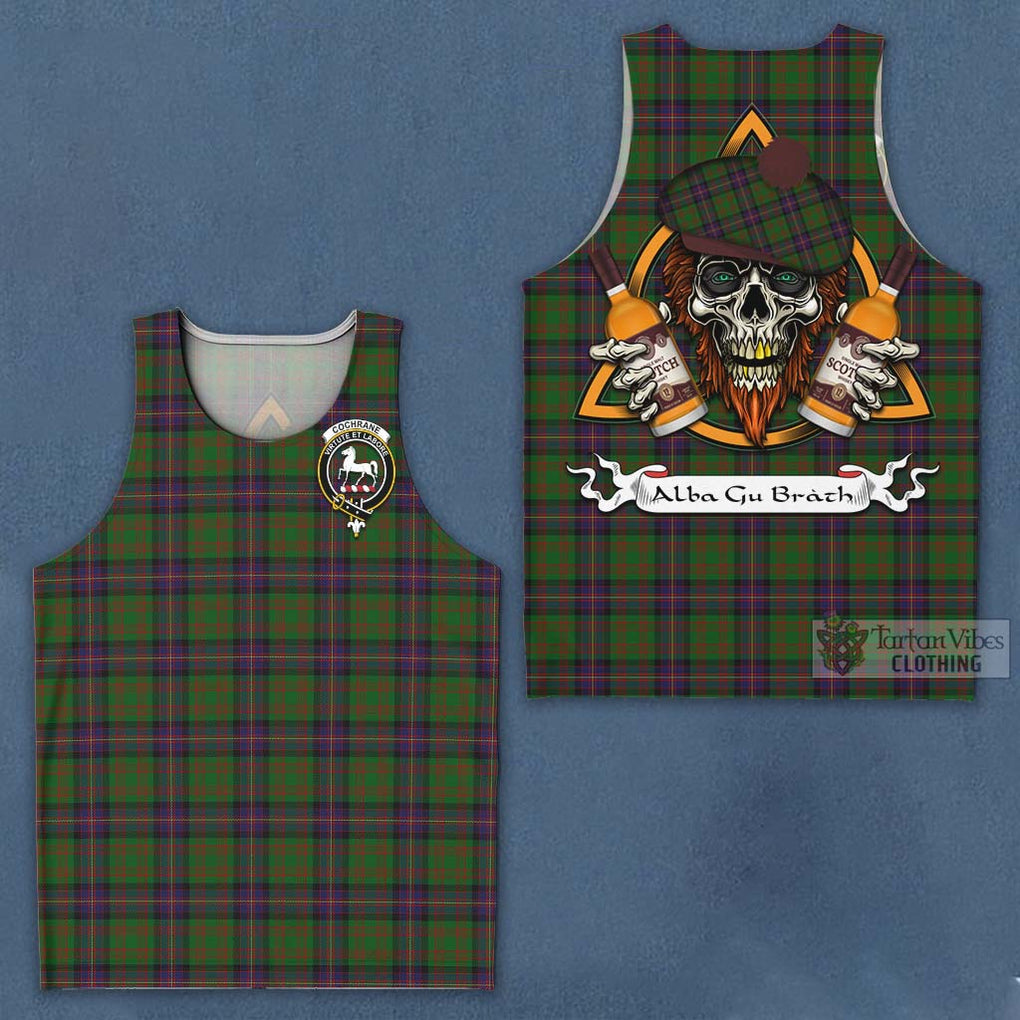 Tartan Vibes Clothing Cochrane Tartan Men's Tank Top with Family Crest and Bearded Skull Holding Bottles of Whiskey