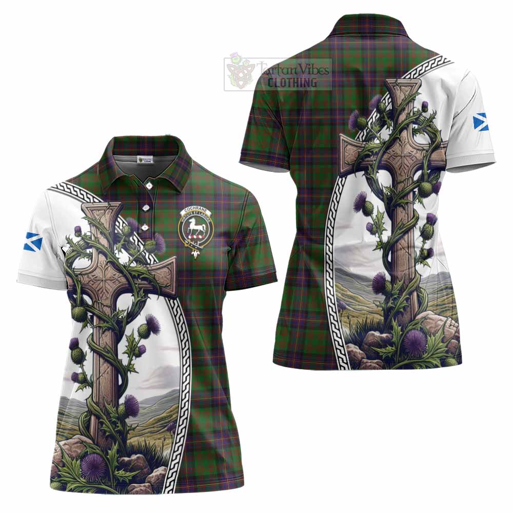 Tartan Vibes Clothing Cochrane Tartan Women's Polo Shirt with Family Crest and St. Andrew's Cross Accented by Thistle Vines