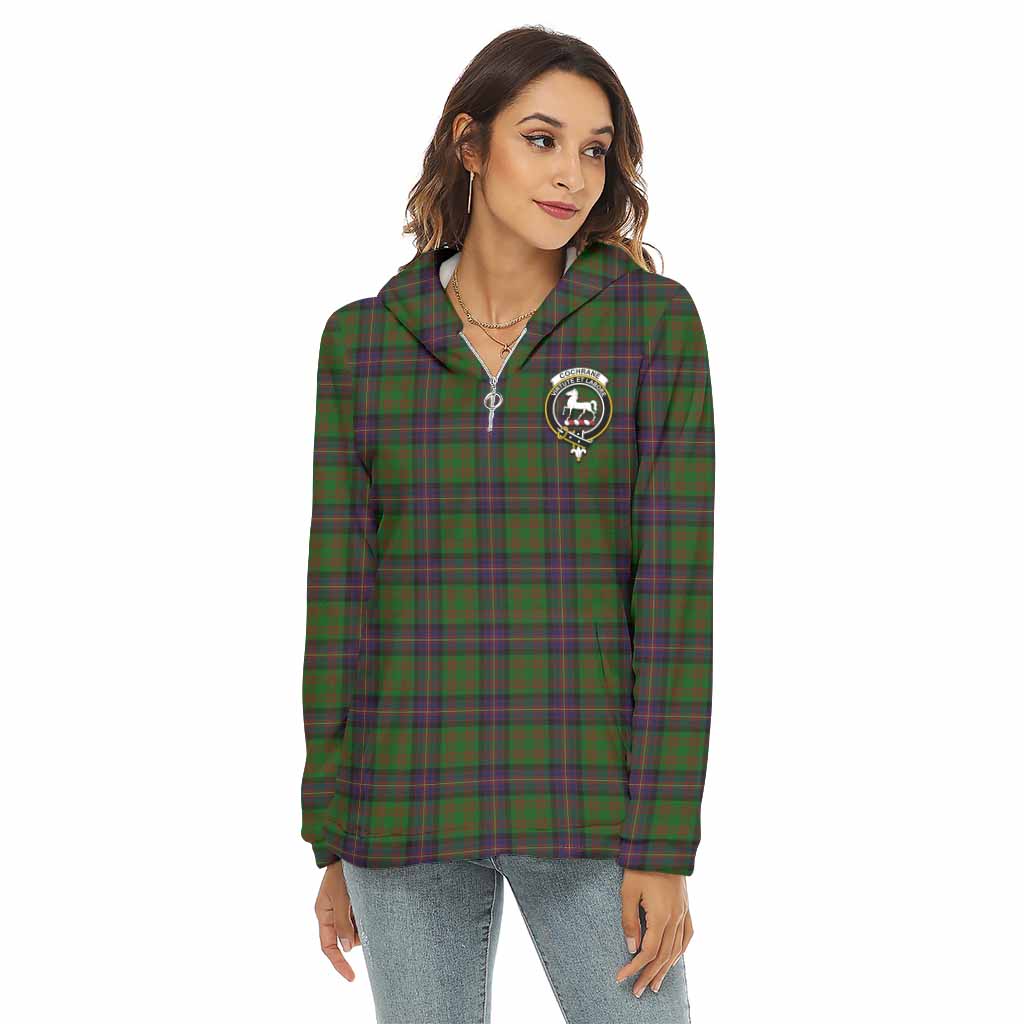 Cochrane Tartan Women's Borg Fleece Hoodie with Half Zip with Family Crest Female - Tartan Vibes Clothing