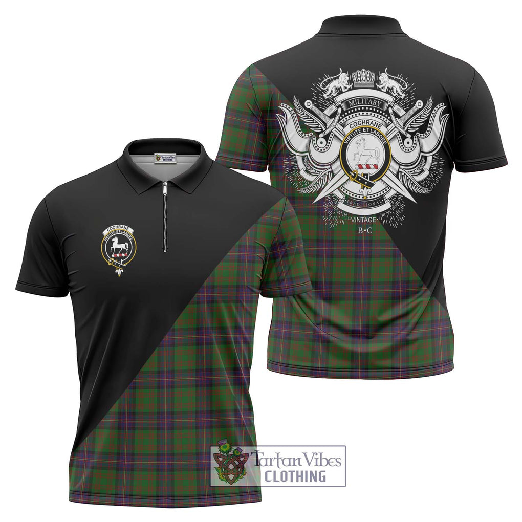 Cochrane Tartan Zipper Polo Shirt with Family Crest and Military Logo Style Unisex - Tartanvibesclothing Shop