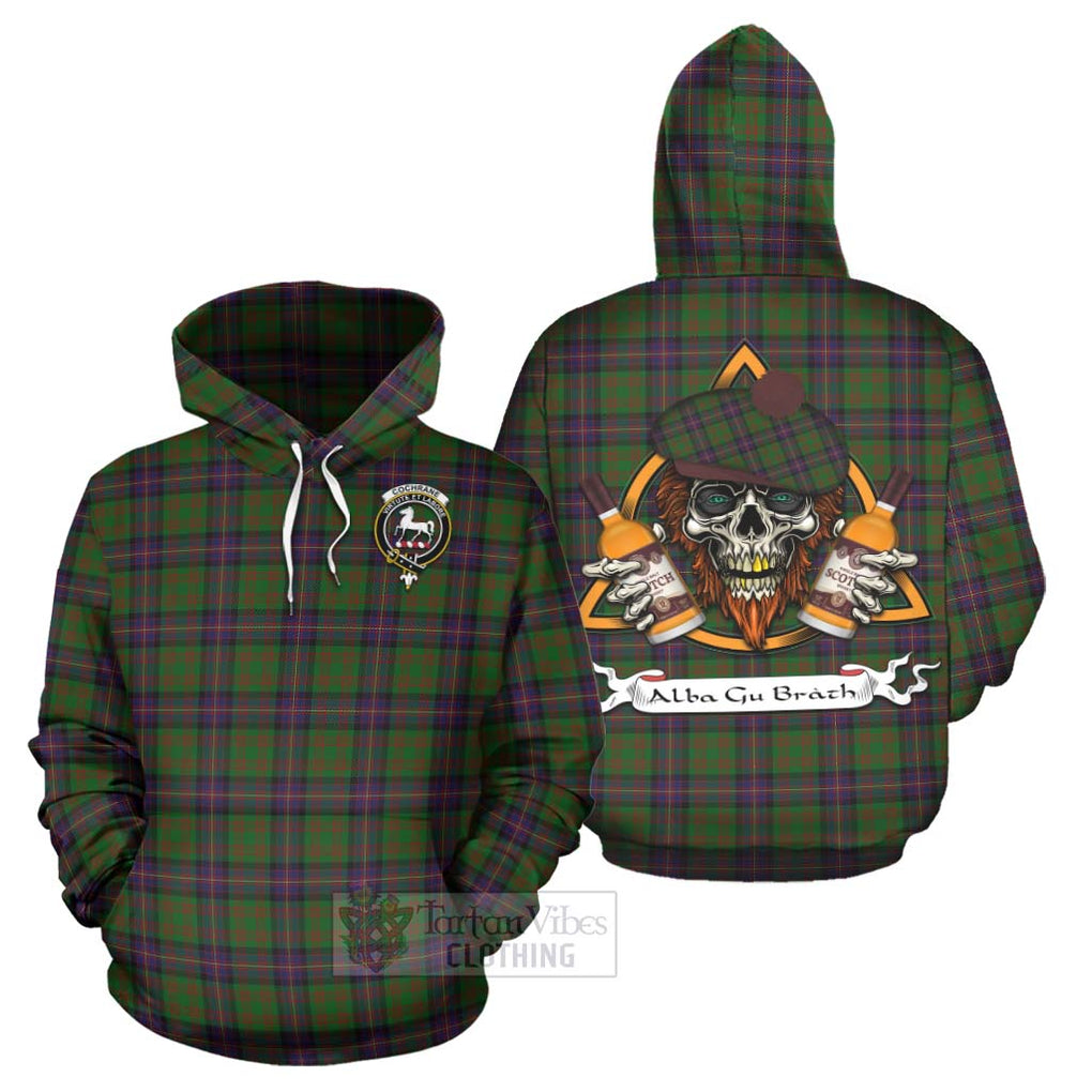 Tartan Vibes Clothing Cochrane Tartan Hoodie with Family Crest and Bearded Skull Holding Bottles of Whiskey