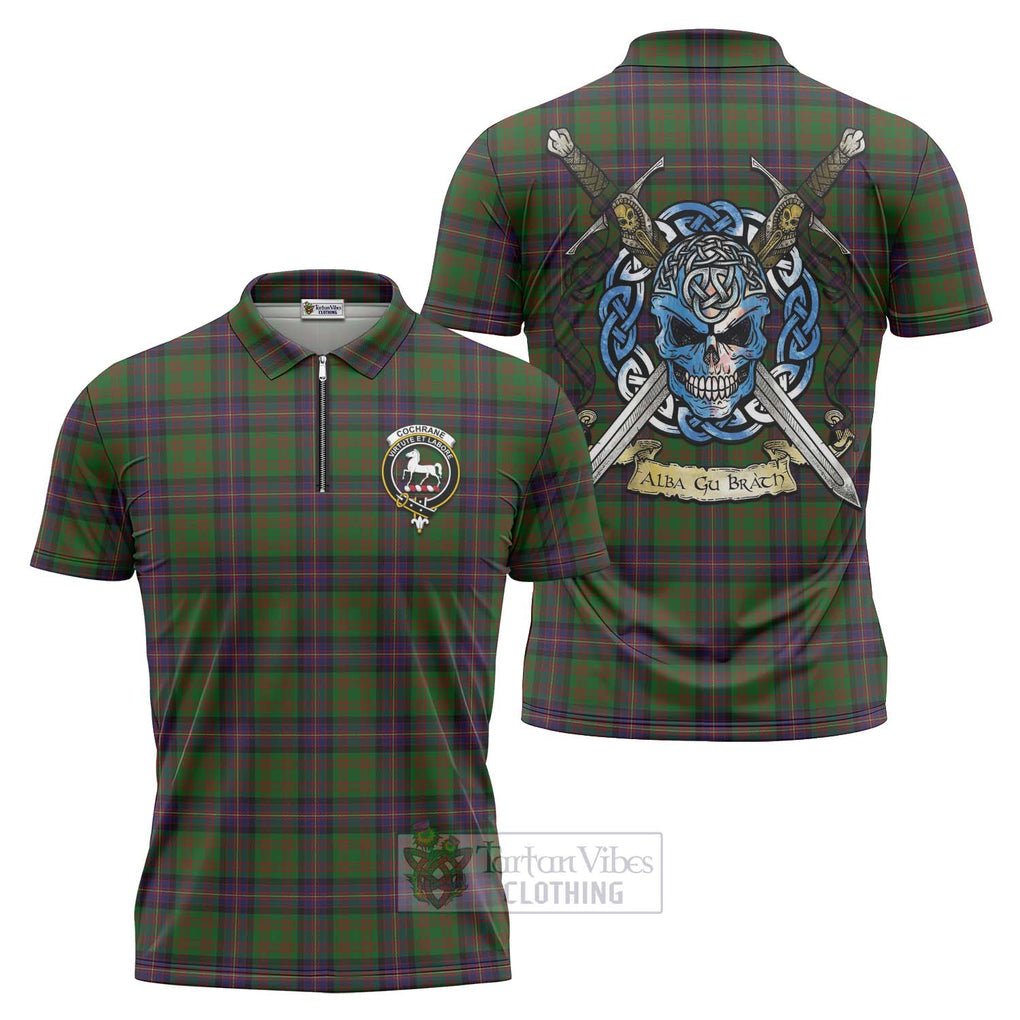 Tartan Vibes Clothing Cochrane Tartan Zipper Polo Shirt with Family Crest Celtic Skull Style