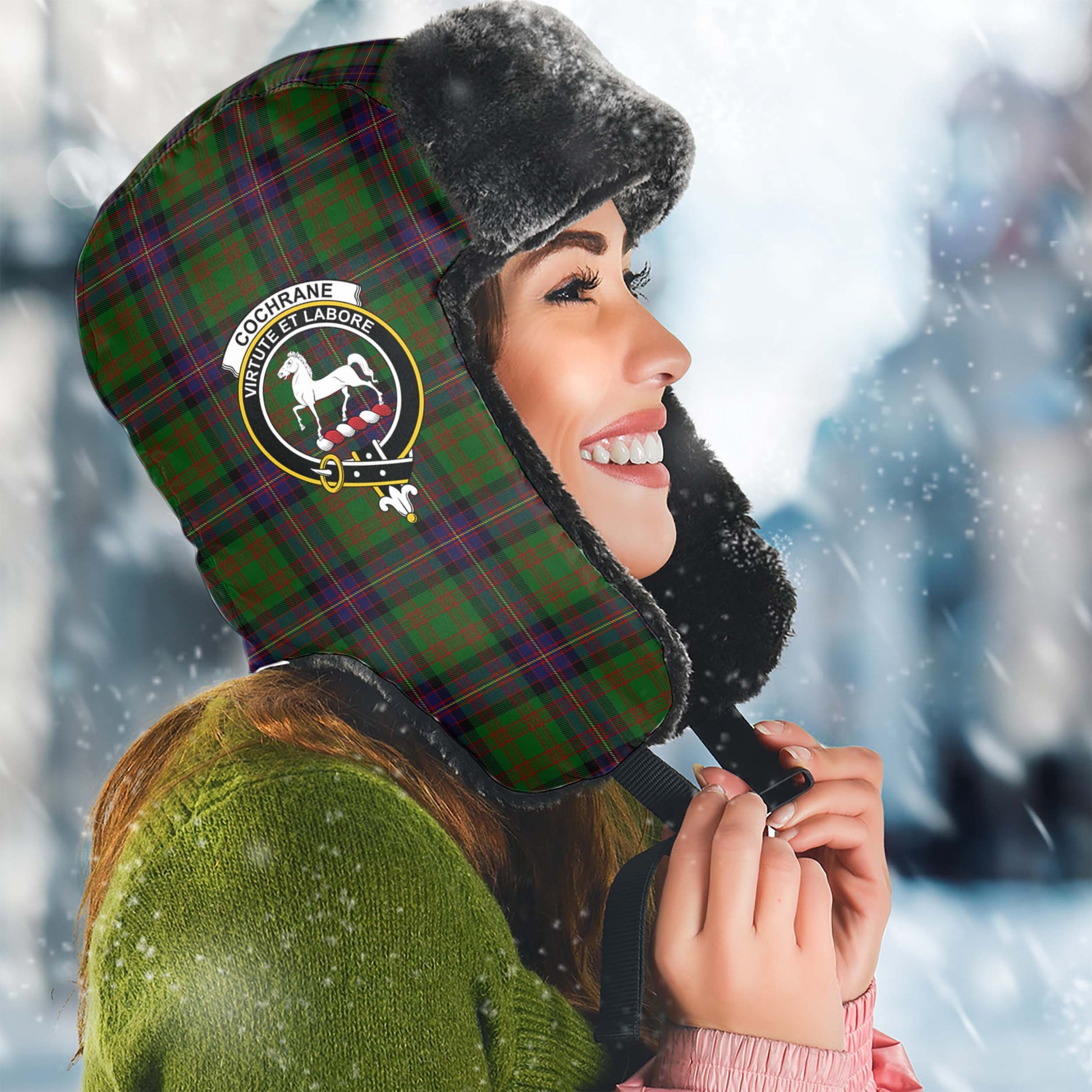 Cochrane Tartan Winter Trapper Hat with Family Crest Winter Trapper Hat Universal Fit Circumference 22.8in (58cm) - Tartanvibesclothing