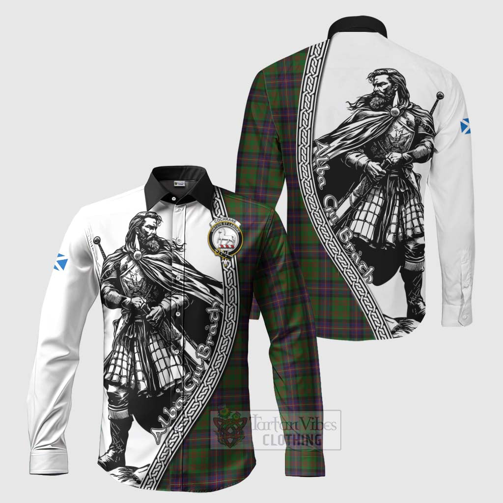 Tartan Vibes Clothing Cochrane Tartan Clan Crest Long Sleeve Button Shirt with Highlander Warrior Celtic Style