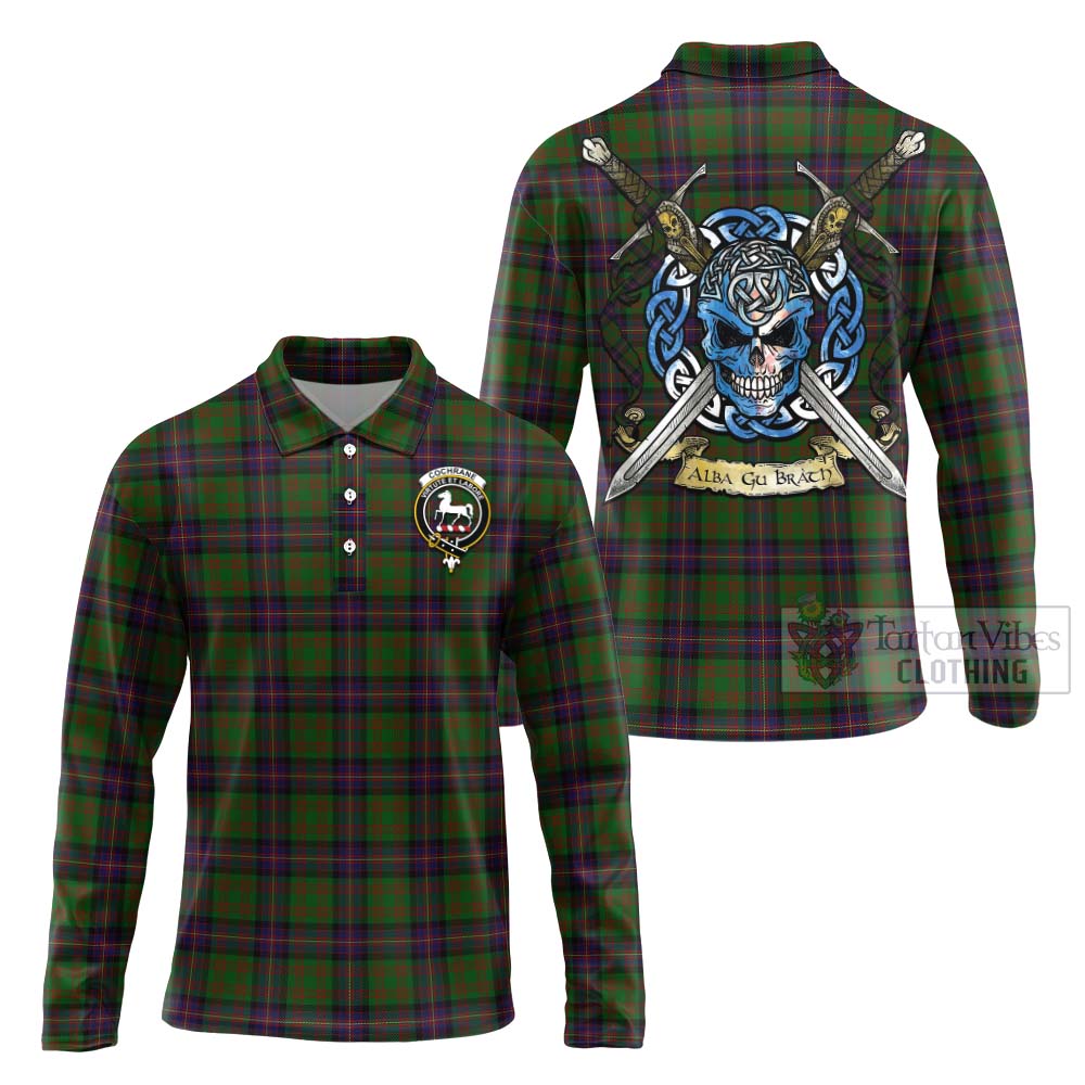 Tartan Vibes Clothing Cochrane Tartan Long Sleeve Polo Shirt with Family Crest Celtic Skull Style