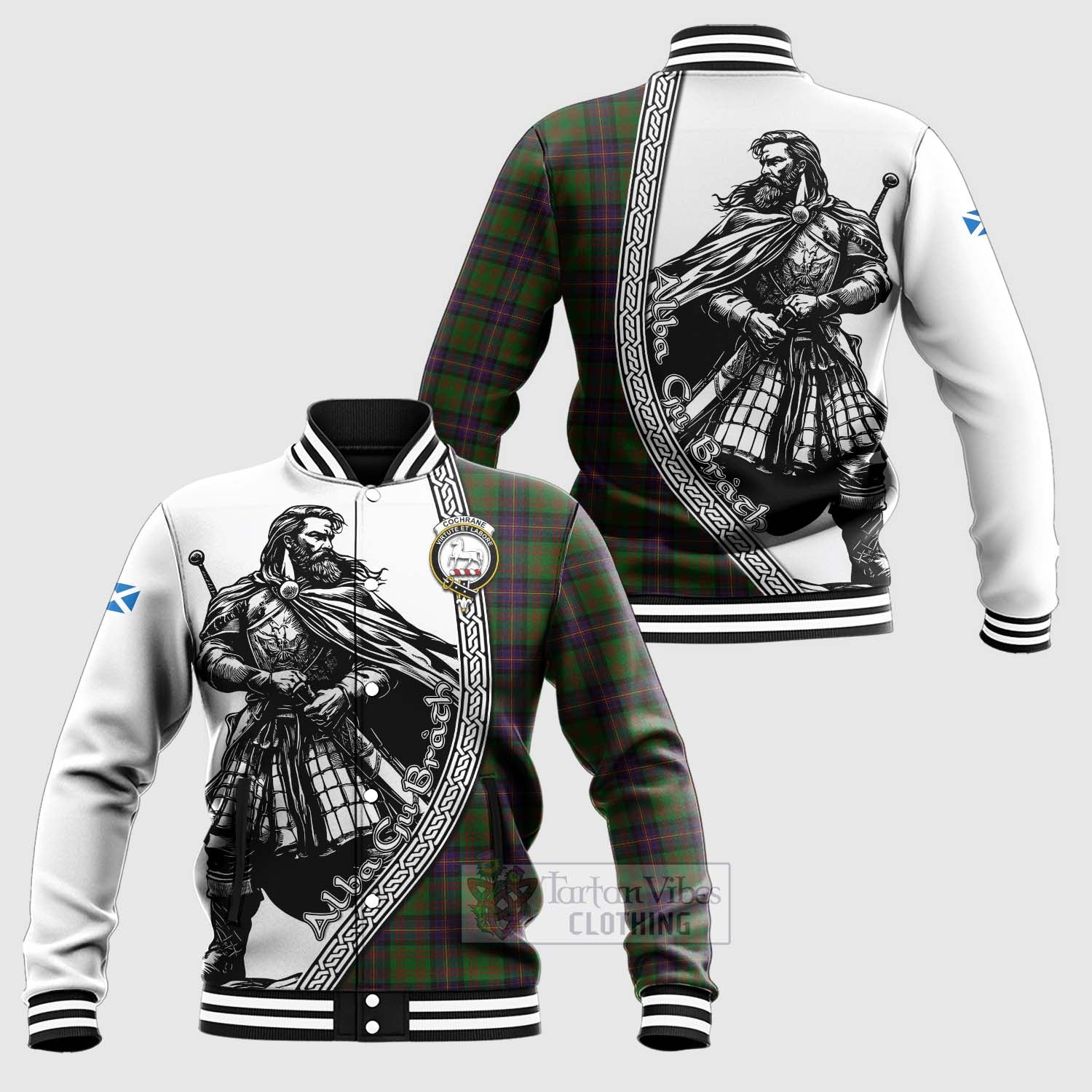 Tartan Vibes Clothing Cochrane Tartan Clan Crest Baseball Jacket with Highlander Warrior Celtic Style