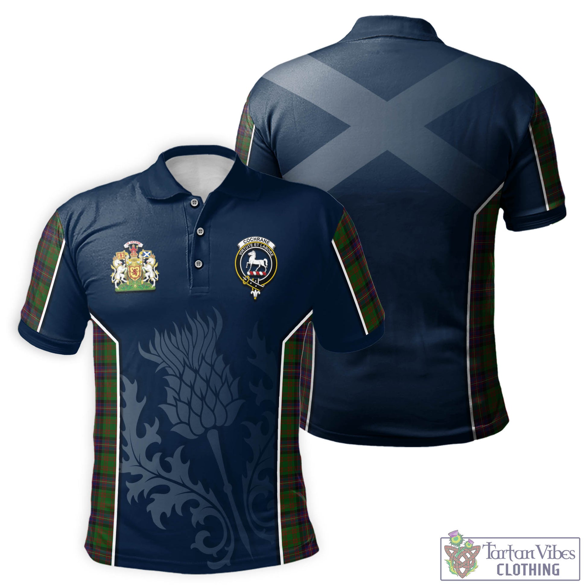 Tartan Vibes Clothing Cochrane Tartan Men's Polo Shirt with Family Crest and Scottish Thistle Vibes Sport Style