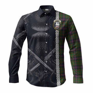 Cochrane Tartan Long Sleeve Button Shirt with Family Crest Cross Sword Thistle Celtic Vibes