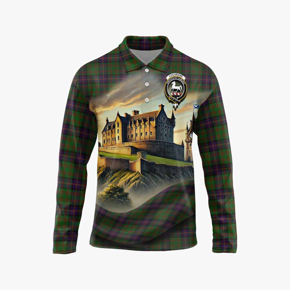 Cochrane Tartan Family Crest Long Sleeve Polo Shirt with Scottish Ancient Castle Style Unisex - Tartan Vibes Clothing