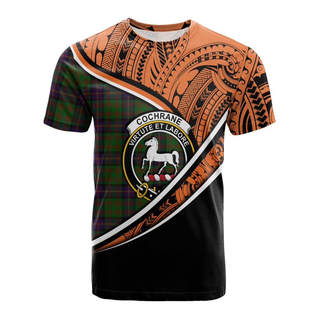 Tartan Vibes Clothing Cochrane Crest Tartan Cotton T-shirt with Maori Tattoo Style - Orange Version