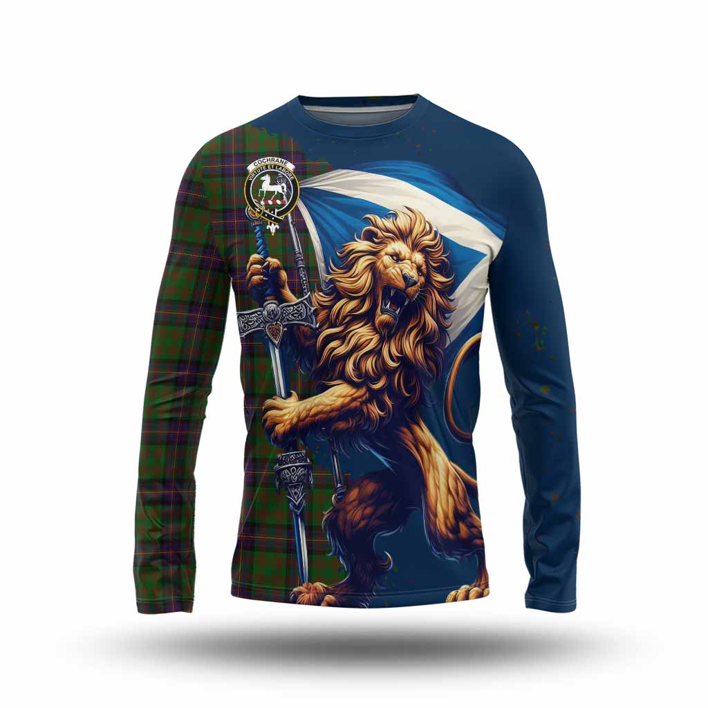 Tartan Vibes Clothing Cochrane Tartan Family Crest Long Sleeve T-Shirt with Scottish Majestic Lion