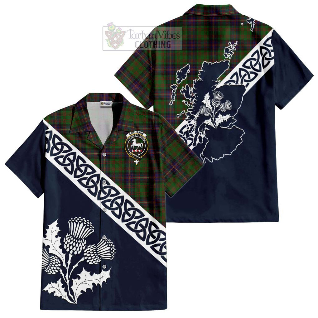 Tartan Vibes Clothing Cochrane Tartan Short Sleeve Button Shirt Featuring Thistle and Scotland Map