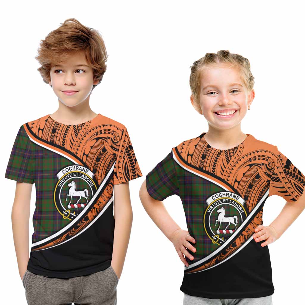 Tartan Vibes Clothing Cochrane Crest Tartan Kid T-Shirt with Maori Tattoo Style - Orange Version