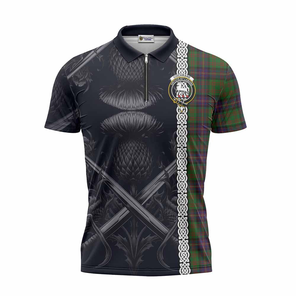 Tartan Vibes Clothing Cochrane Tartan Zipper Polo Shirt with Family Crest Cross Sword Thistle Celtic Vibes