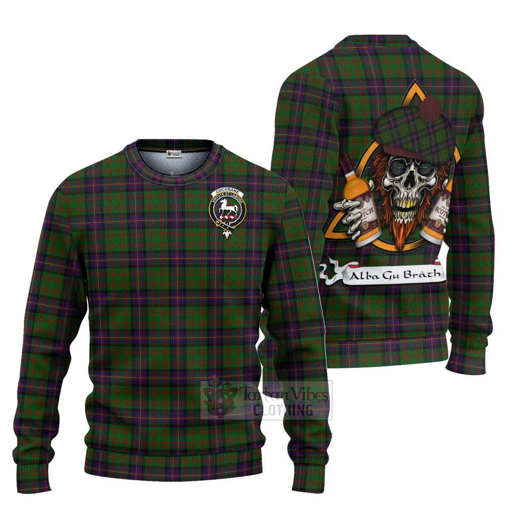 Tartan Vibes Clothing Cochrane Tartan Knitted Sweater with Family Crest and Bearded Skull Holding Bottles of Whiskey