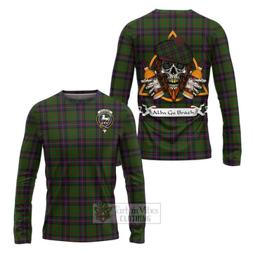 Cochrane Tartan Long Sleeve T-Shirt with Family Crest and Bearded Skull Holding Bottles of Whiskey