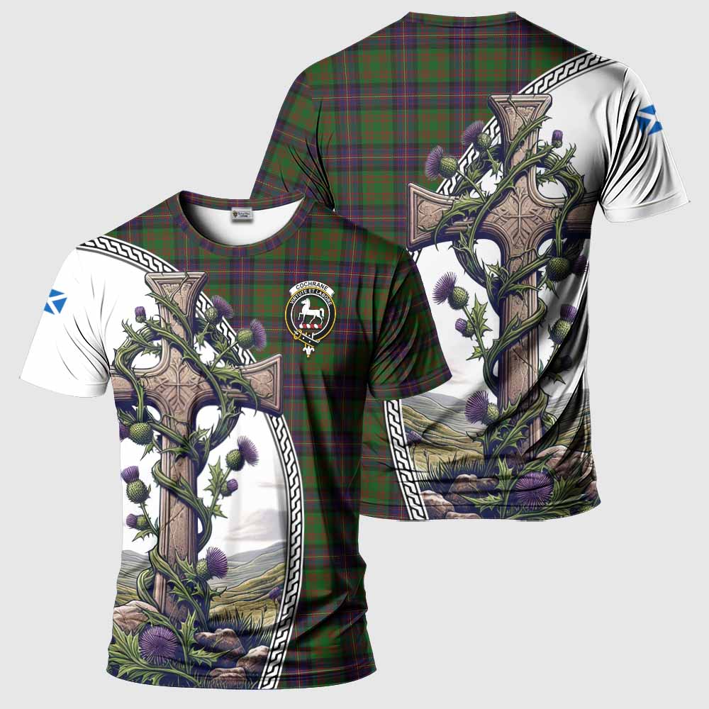 Tartan Vibes Clothing Cochrane Agnew Tartan T-Shirt with Family Crest and St. Andrew's Cross Accented by Thistle Vines