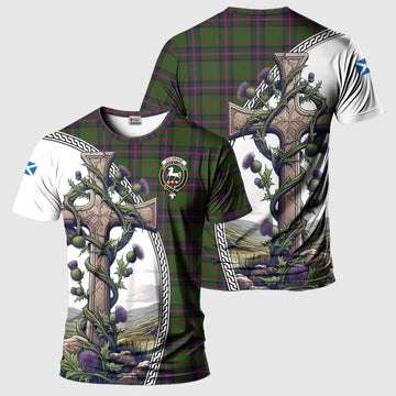 Cochrane Tartan T-Shirt with Family Crest and St. Andrew's Cross Accented by Thistle Vines