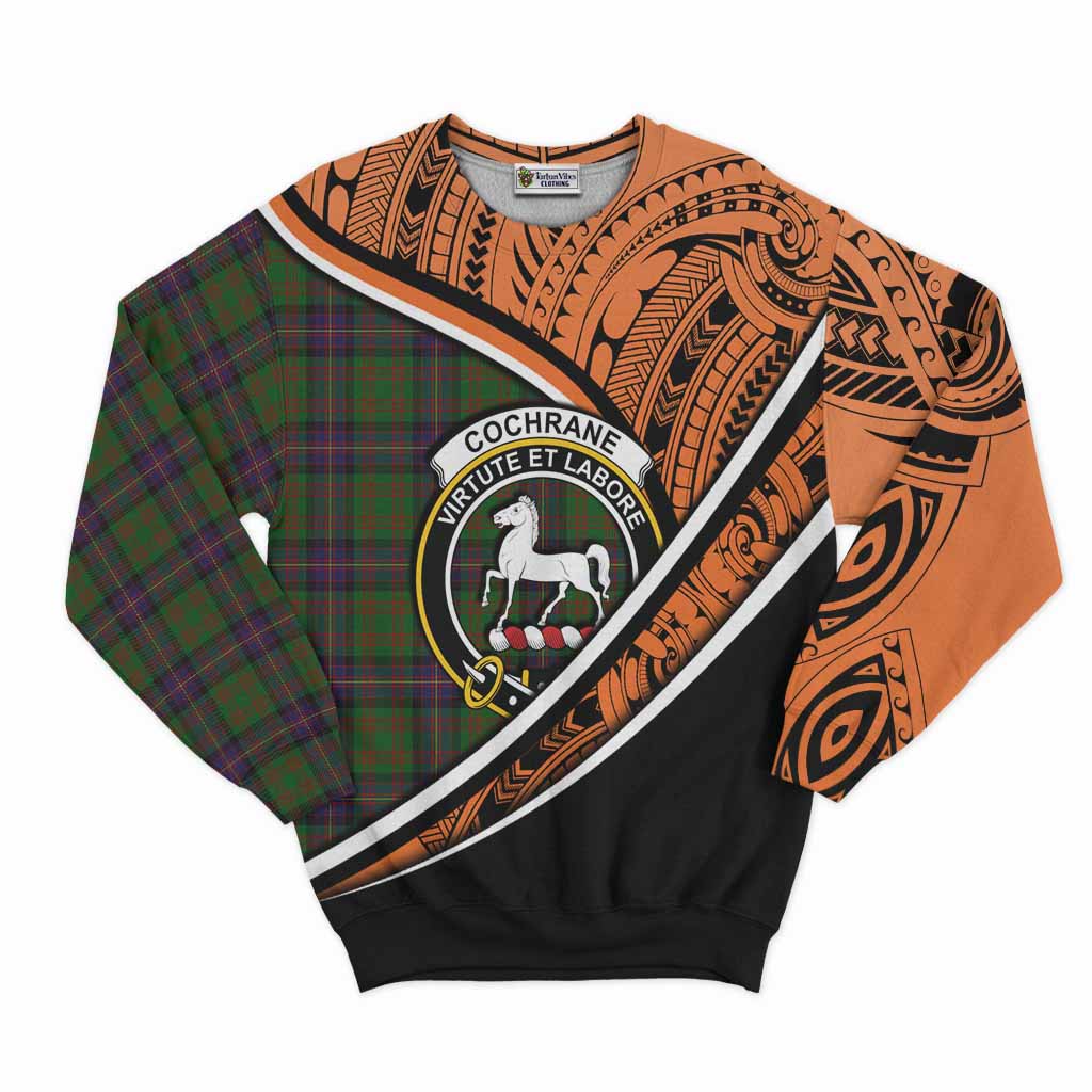 Tartan Vibes Clothing Cochrane Crest Tartan Sweatshirt with Maori Tattoo Style - Orange Version