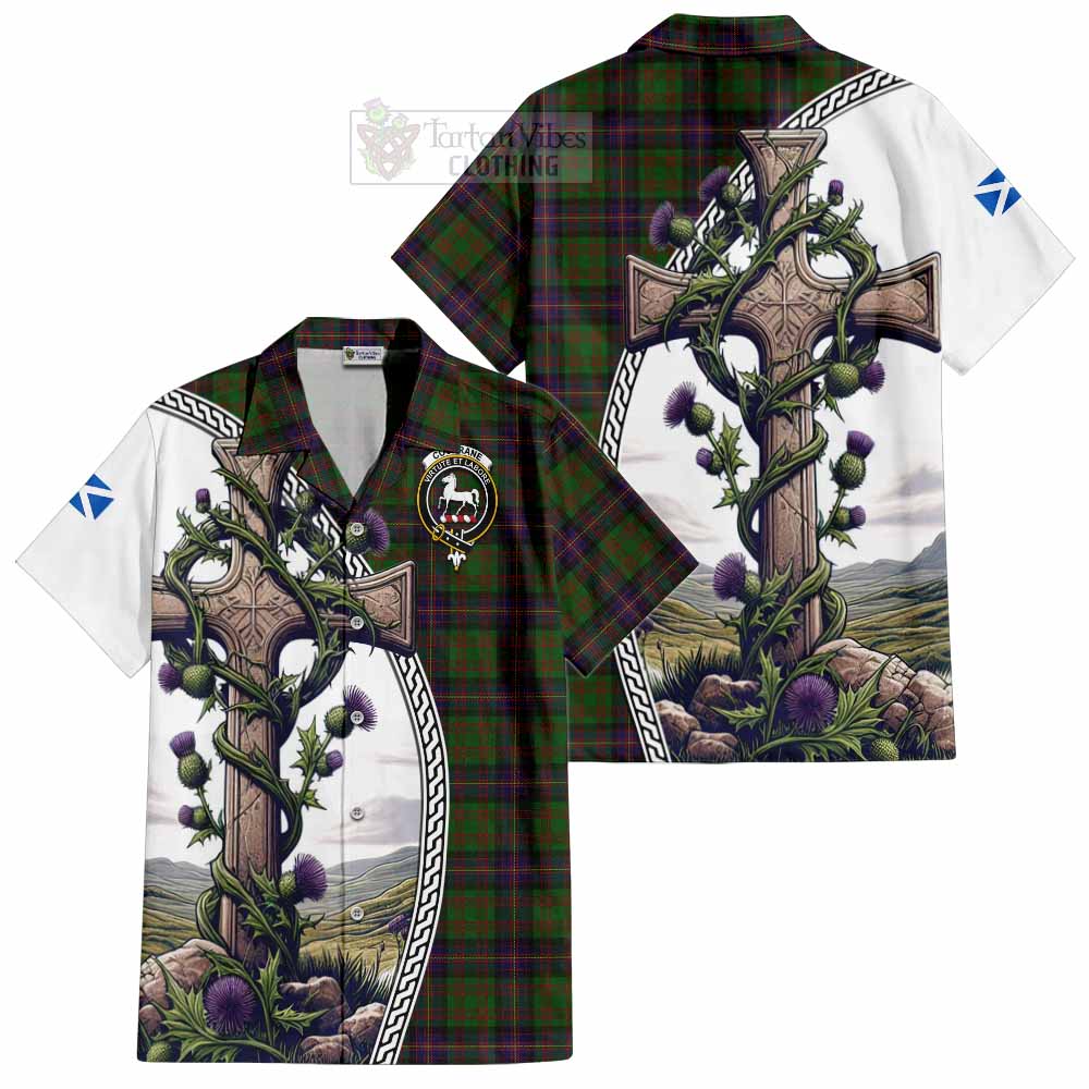 Tartan Vibes Clothing Cochrane Tartan Short Sleeve Button Shirt with Family Crest and St. Andrew's Cross Accented by Thistle Vines