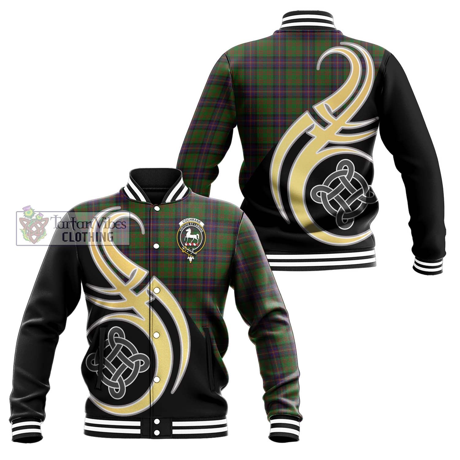 Cochrane Tartan Baseball Jacket with Family Crest and Celtic Symbol Style Unisex - Tartan Vibes Clothing