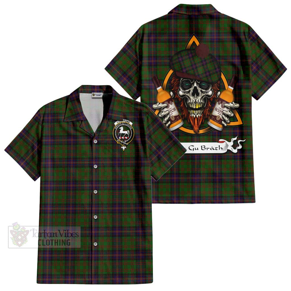 Tartan Vibes Clothing Cochrane Tartan Short Sleeve Button Shirt with Family Crest and Bearded Skull Holding Bottles of Whiskey