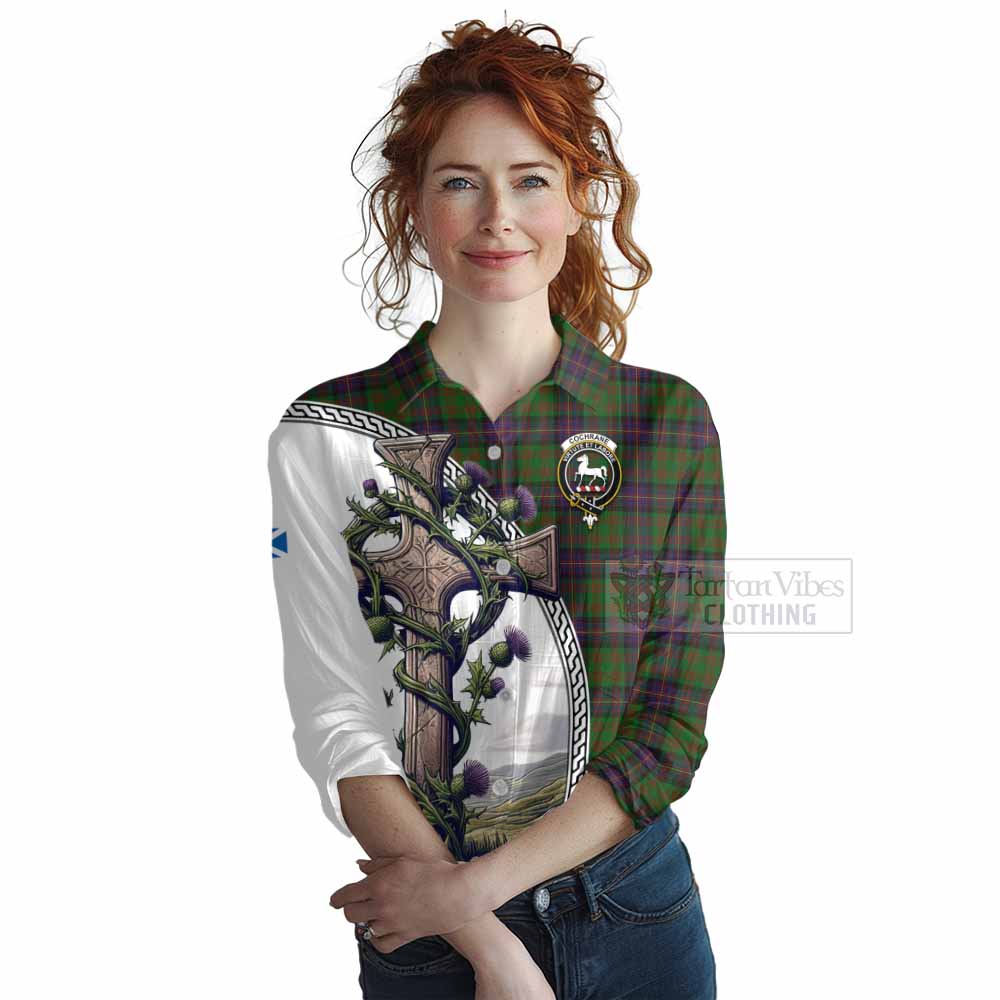 Tartan Vibes Clothing Cochrane Tartan Women's Casual Shirt with Family Crest and St. Andrew's Cross Accented by Thistle Vines