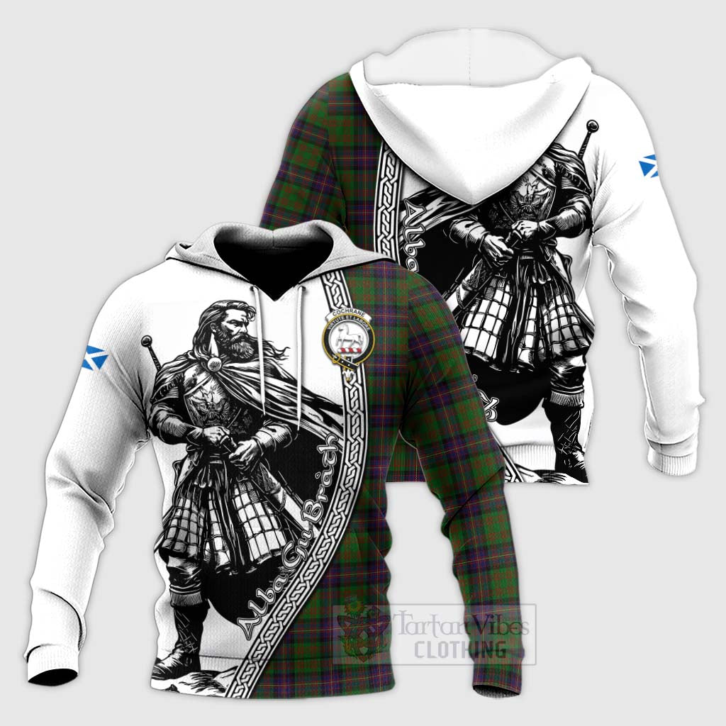 Tartan Vibes Clothing Cochrane Tartan Clan Crest Knitted Hoodie with Highlander Warrior Celtic Style