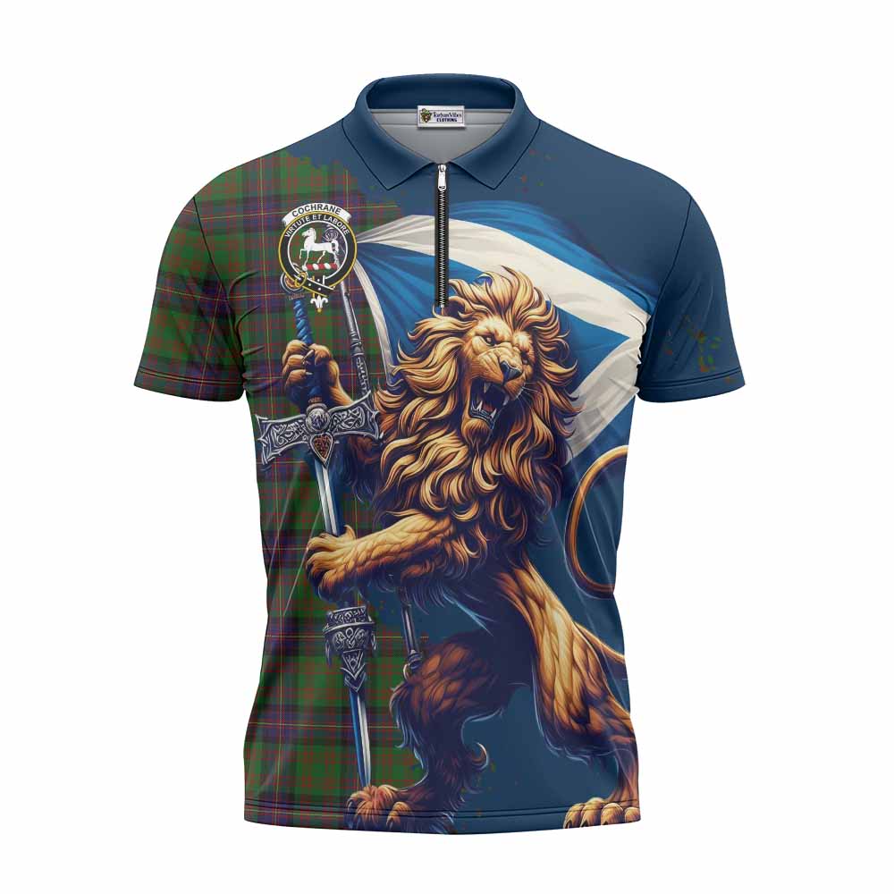 Tartan Vibes Clothing Cochrane Tartan Family Crest Zipper Polo Shirt with Scottish Majestic Lion