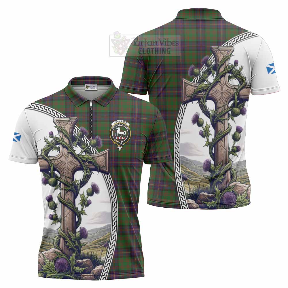 Tartan Vibes Clothing Cochrane Tartan Zipper Polo Shirt with Family Crest and St. Andrew's Cross Accented by Thistle Vines