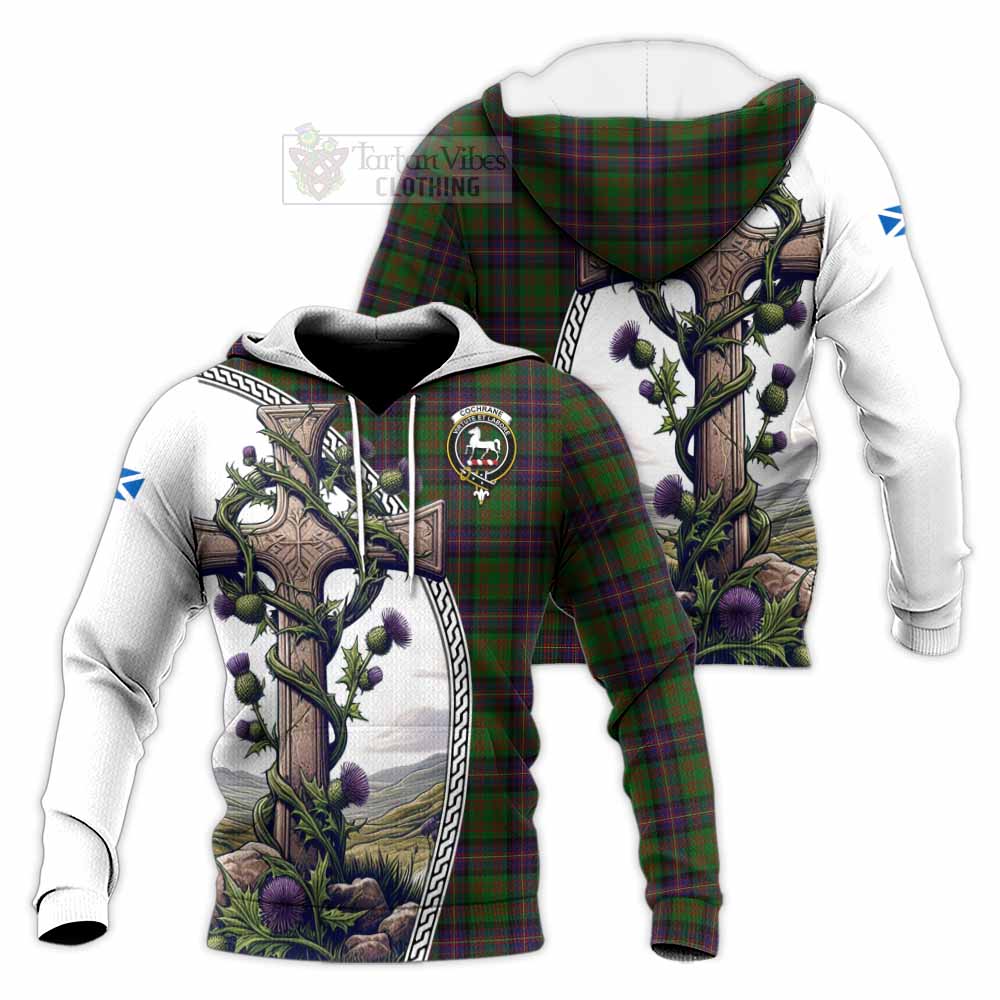 Tartan Vibes Clothing Cochrane Tartan Knitted Hoodie with Family Crest and St. Andrew's Cross Accented by Thistle Vines