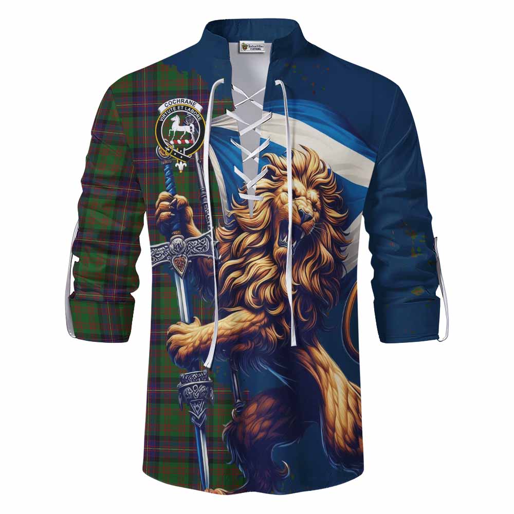 Tartan Vibes Clothing Cochrane Tartan Family Crest Ghillie Kilt Shirt with Scottish Majestic Lion