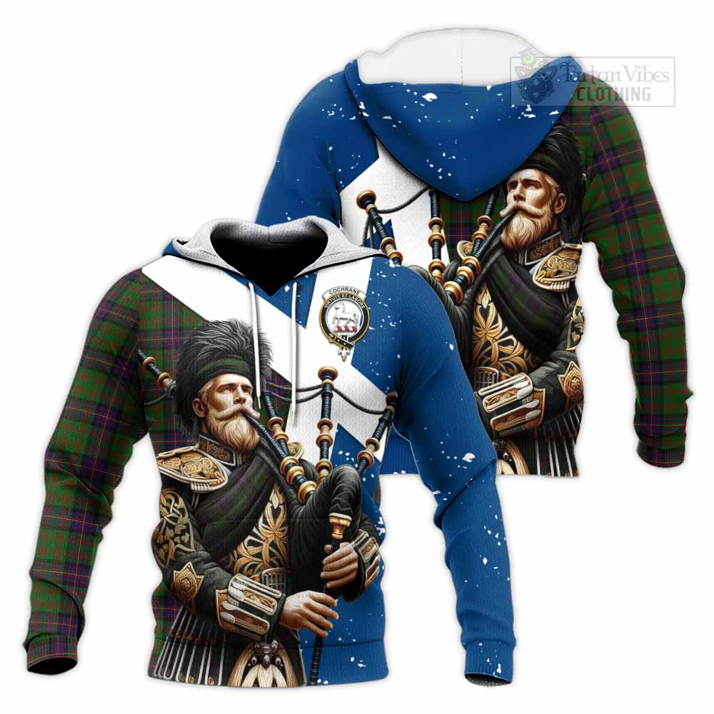 Tartan Vibes Clothing Cochrane Tartan Knitted Hoodie with Family Crest Scottish Bagpiper Vibes