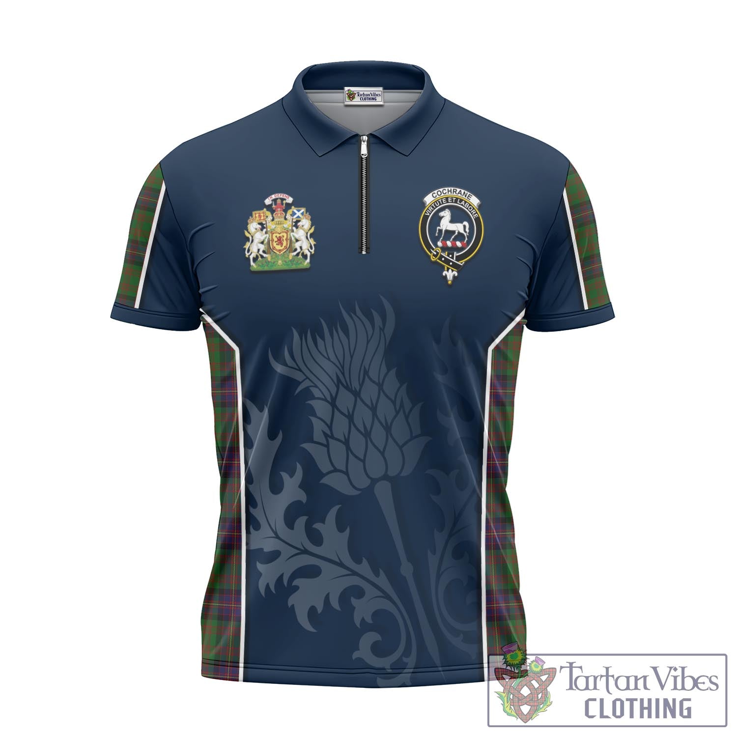 Tartan Vibes Clothing Cochrane Tartan Zipper Polo Shirt with Family Crest and Scottish Thistle Vibes Sport Style