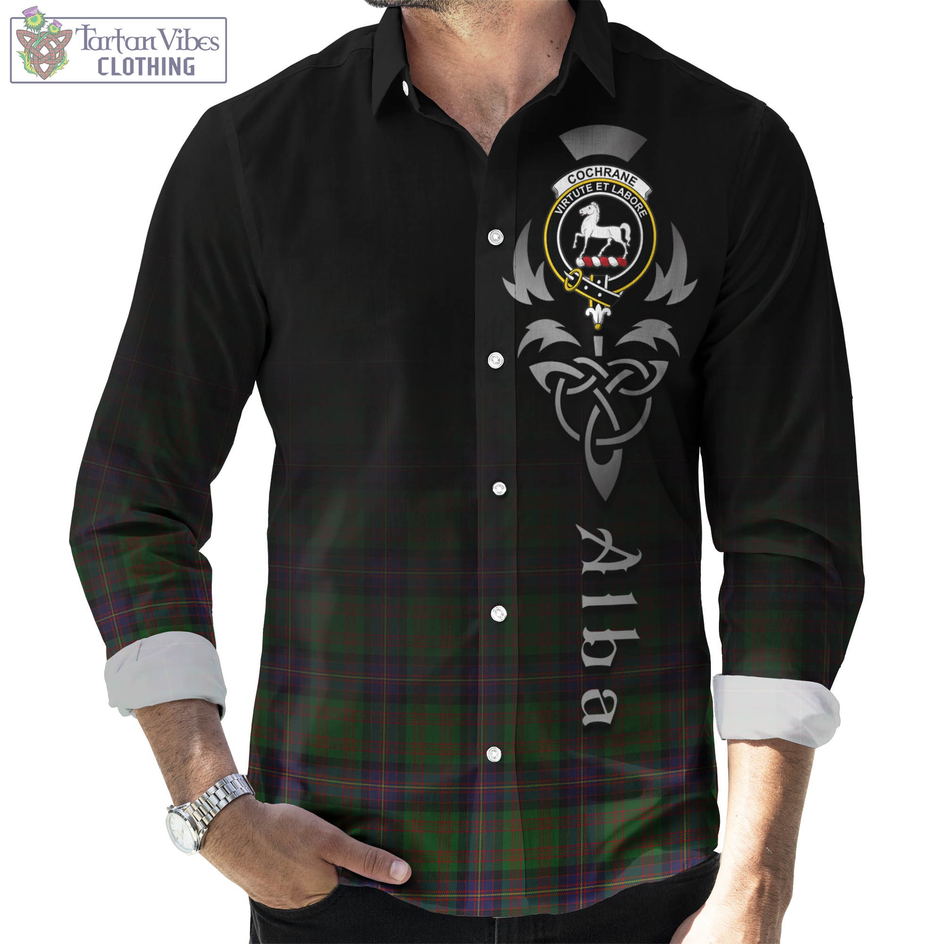 Tartan Vibes Clothing Cochrane Tartan Long Sleeve Button Up Featuring Alba Gu Brath Family Crest Celtic Inspired