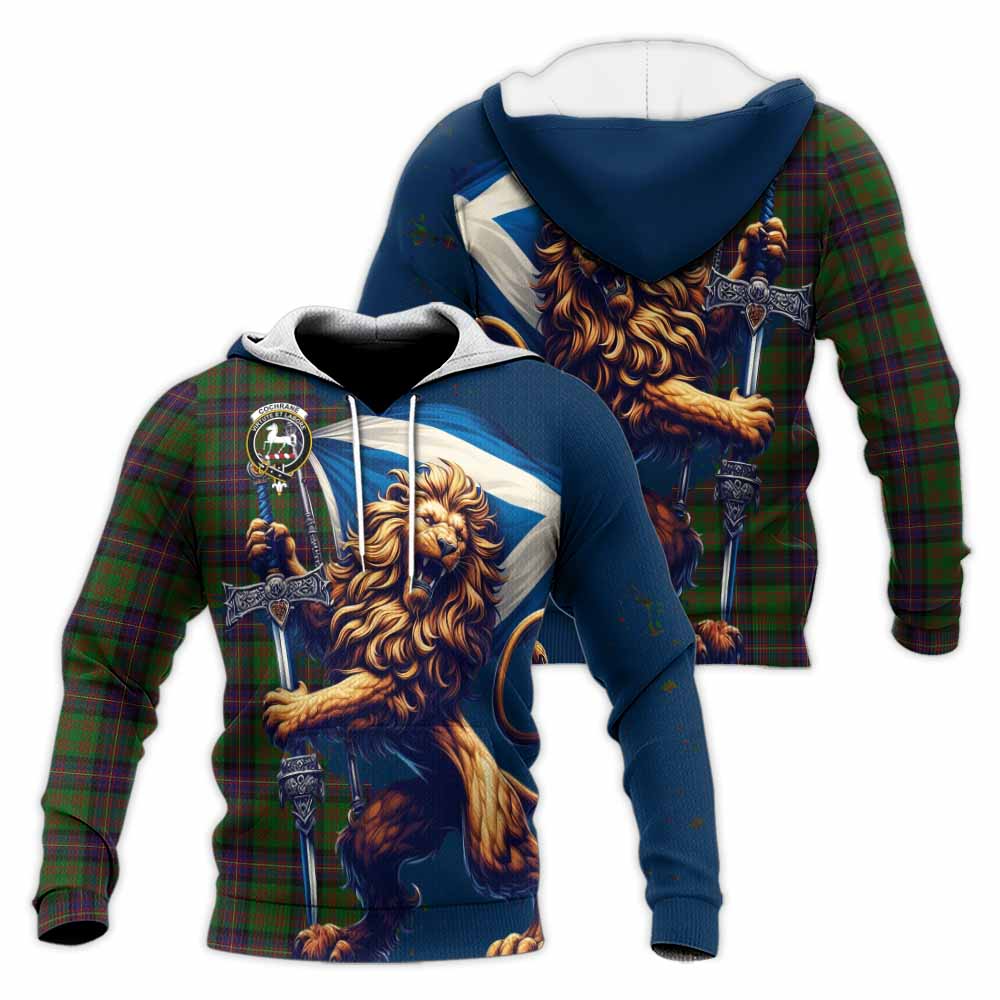 Tartan Vibes Clothing Cochrane Tartan Family Crest Knitted Hoodie with Scottish Majestic Lion