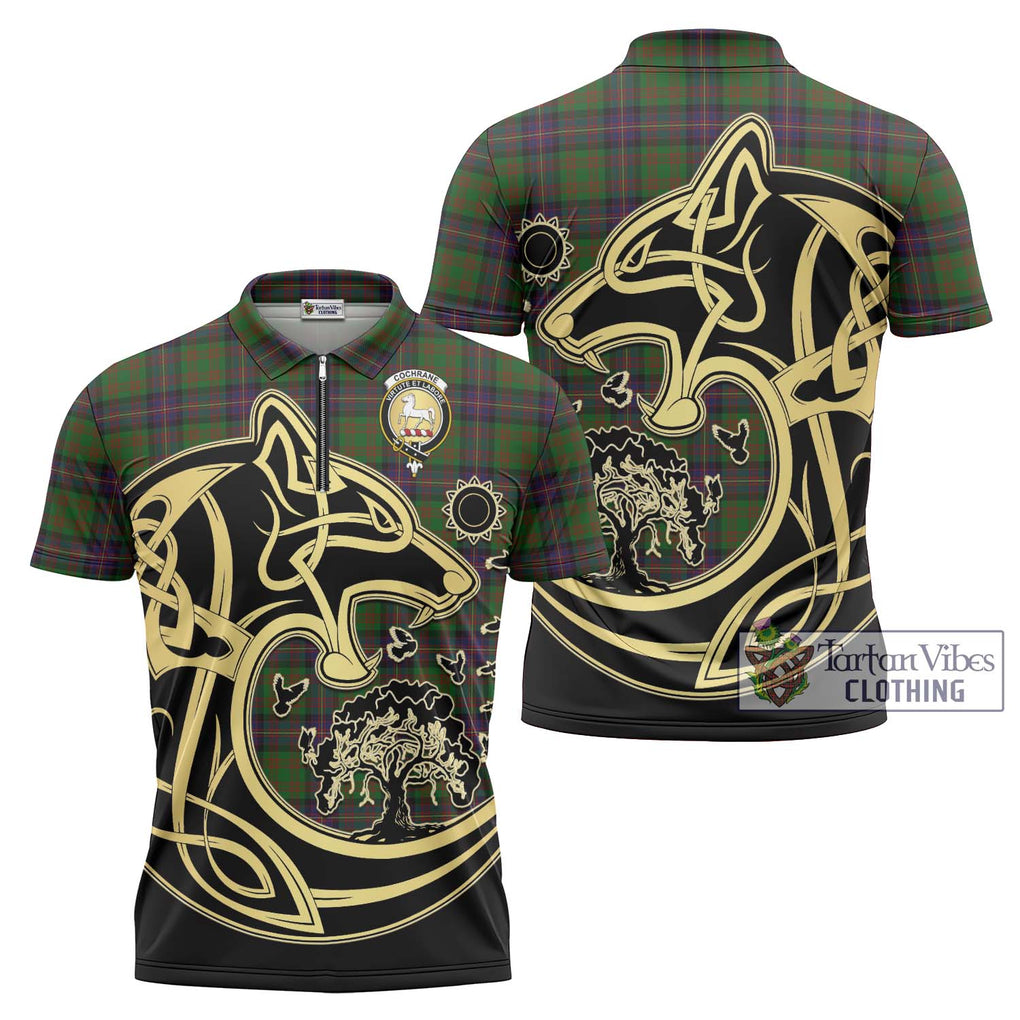 Cochrane Tartan Zipper Polo Shirt with Family Crest Celtic Wolf Style Unisex - Tartanvibesclothing Shop