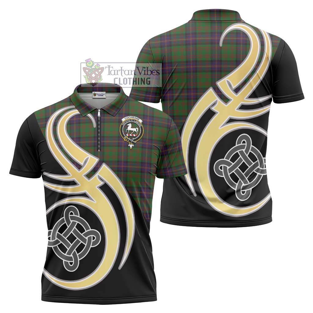 Tartan Vibes Clothing Cochrane Tartan Zipper Polo Shirt with Family Crest and Celtic Symbol Style