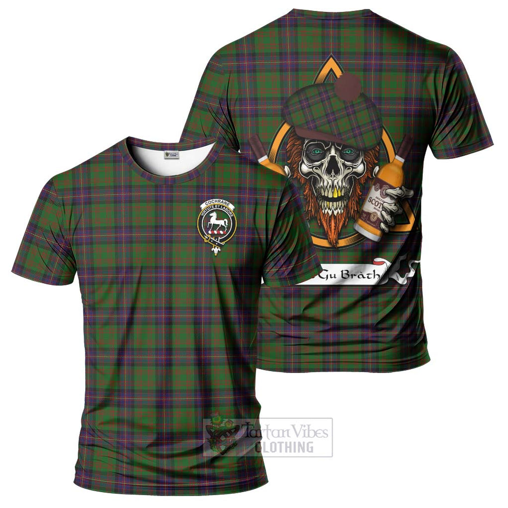 Tartan Vibes Clothing Cochrane Tartan T-Shirt with Family Crest and Bearded Skull Holding Bottles of Whiskey