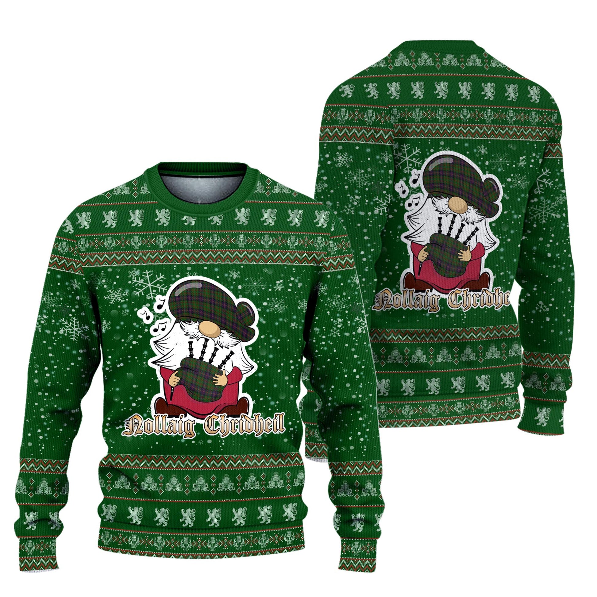 Cochrane Clan Christmas Family Knitted Sweater with Funny Gnome Playing Bagpipes Unisex Green - Tartanvibesclothing