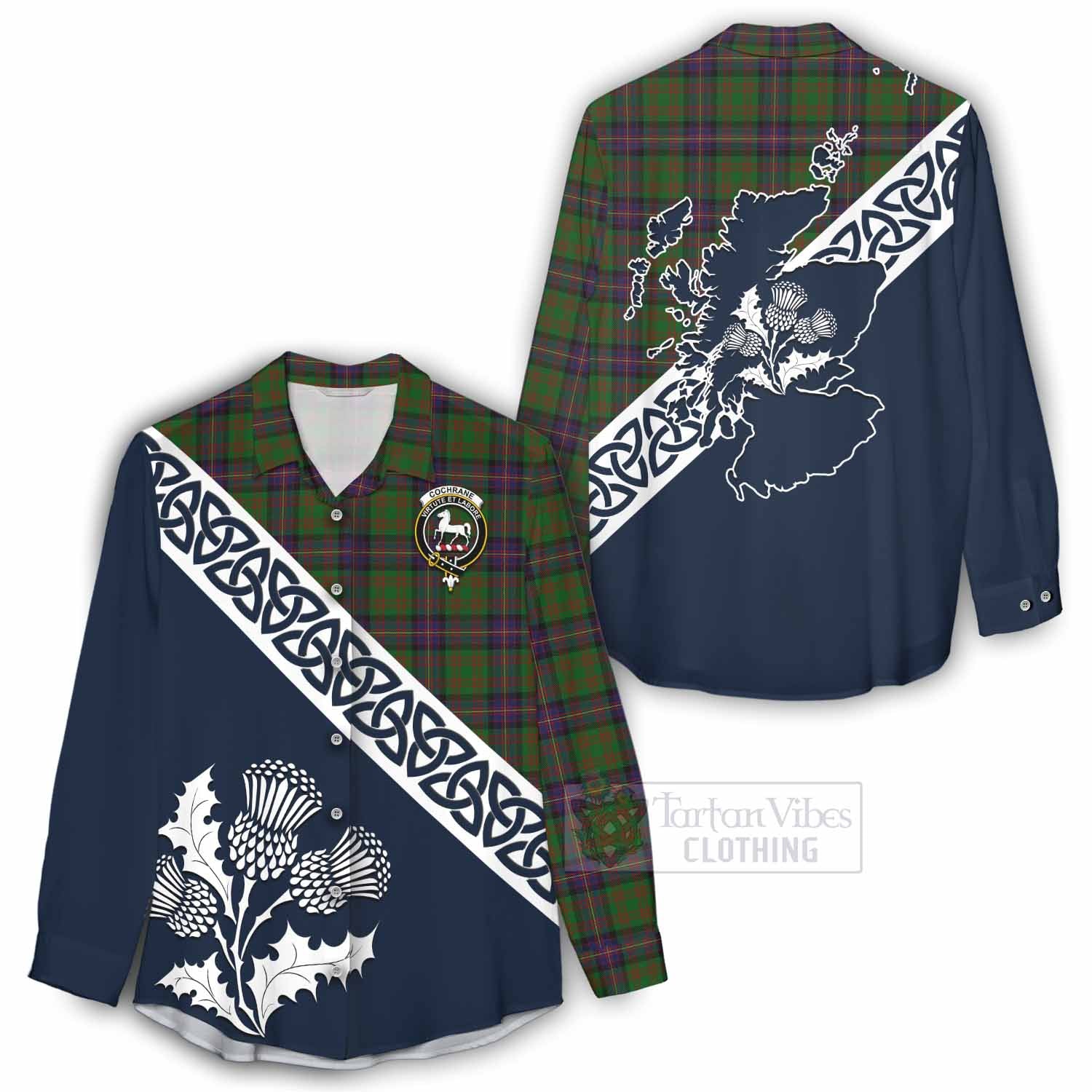 Tartan Vibes Clothing Cochrane Tartan Women's Casual Shirt Featuring Thistle and Scotland Map