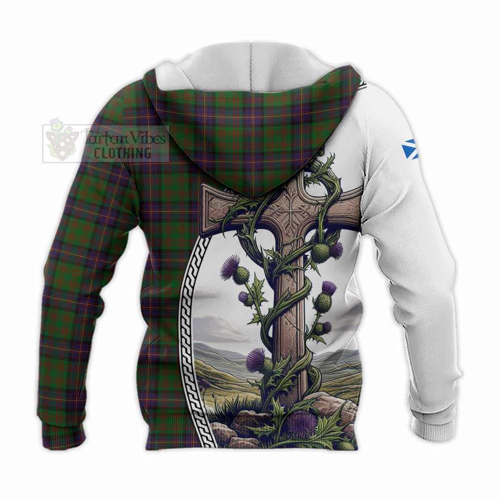 Tartan Vibes Clothing Cochrane Tartan Knitted Hoodie with Family Crest and St. Andrew's Cross Accented by Thistle Vines