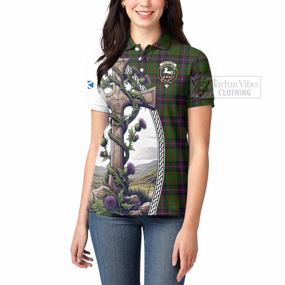 Tartan Vibes Clothing Cochrane Tartan Women's Polo Shirt with Family Crest and St. Andrew's Cross Accented by Thistle Vines